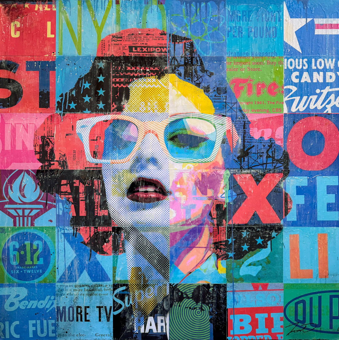 XOXO by Jon Davenport — full view of Neo-Pop mixed media painting on canvas, 48"x48", featuring a woman's face in sunglasses over a colorful grid collage of vintage advertising and typography