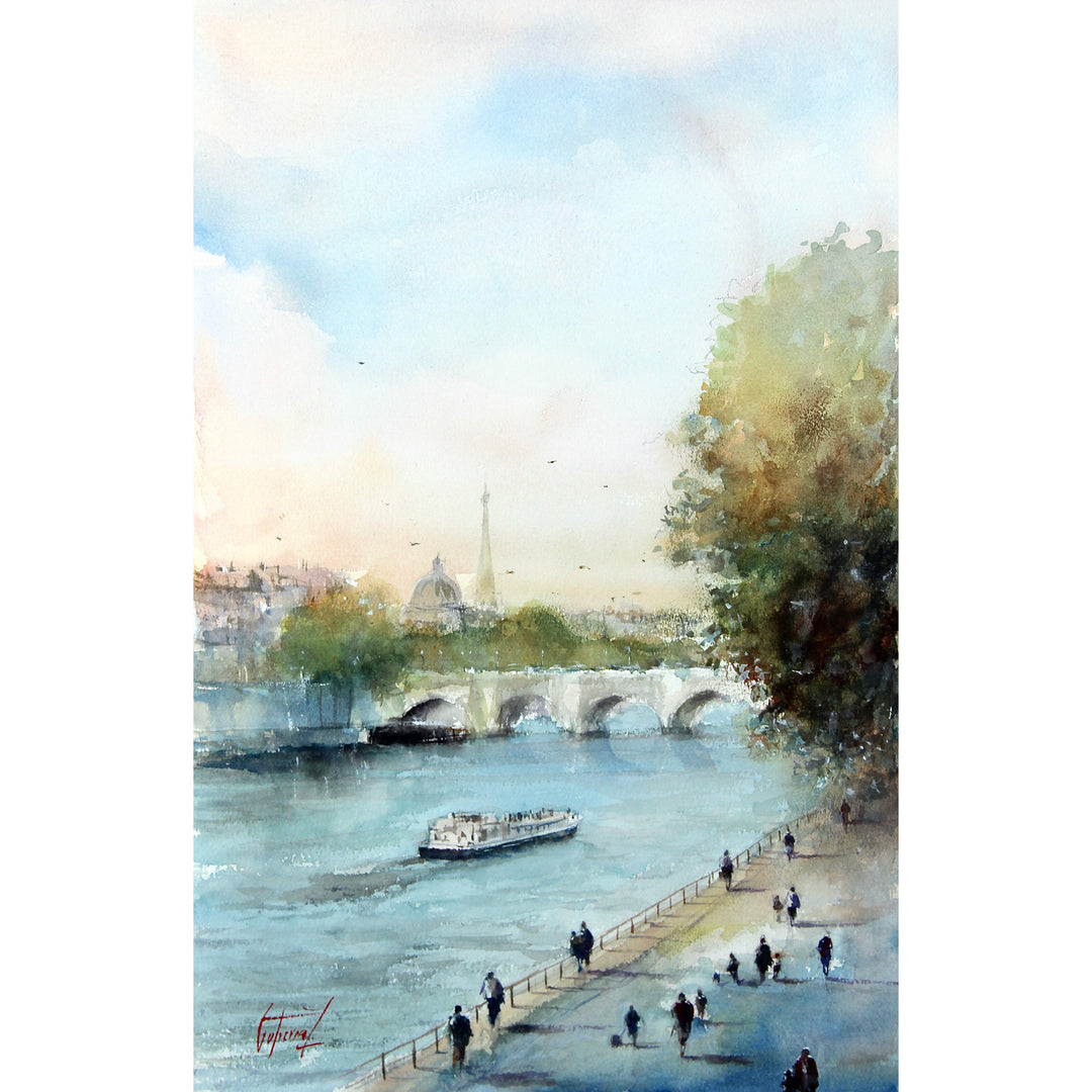 river with boat and bridge across, in blue and green washy watercolor with people walking alongside river and buildings in distance, eiffel tower france