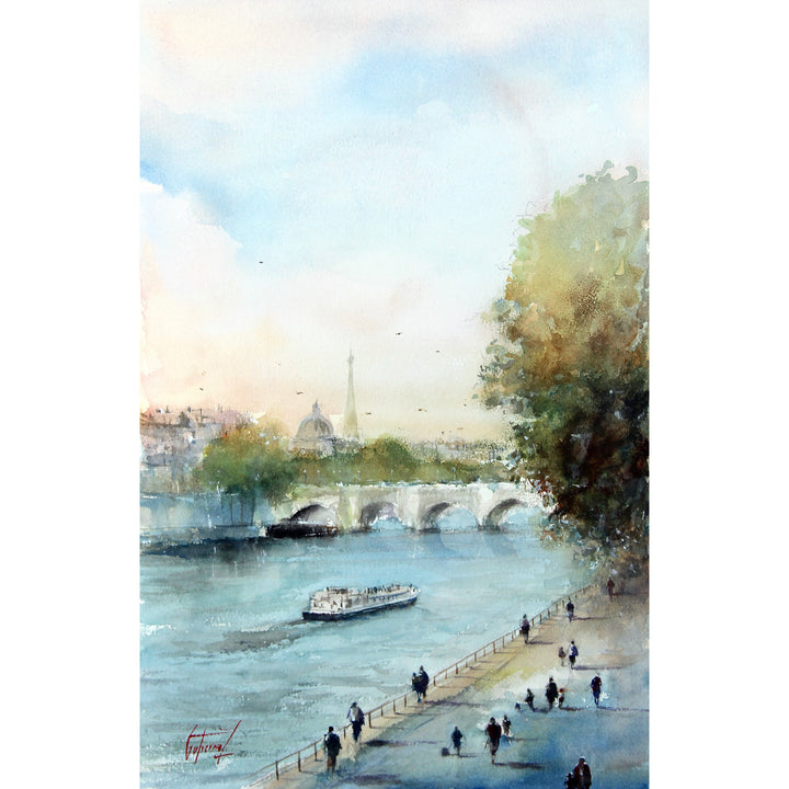 river with boat and bridge across, in blue and green washy watercolor with people walking alongside river and buildings in distance, eiffel tower france