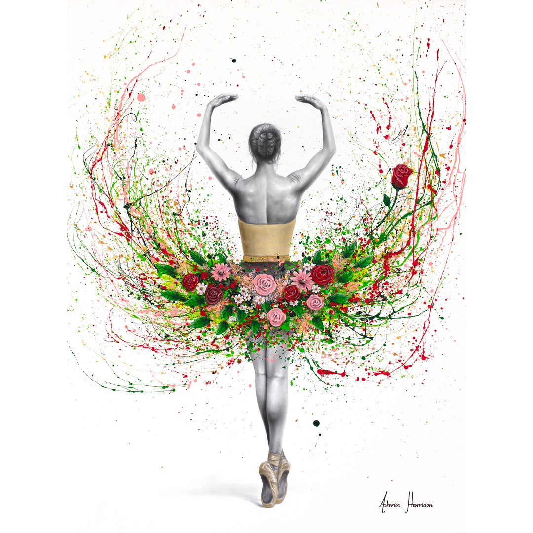 back of ballet dancer with arm up and curved wearing paint splattered tutu with roses and flowers, green and red paint on white background