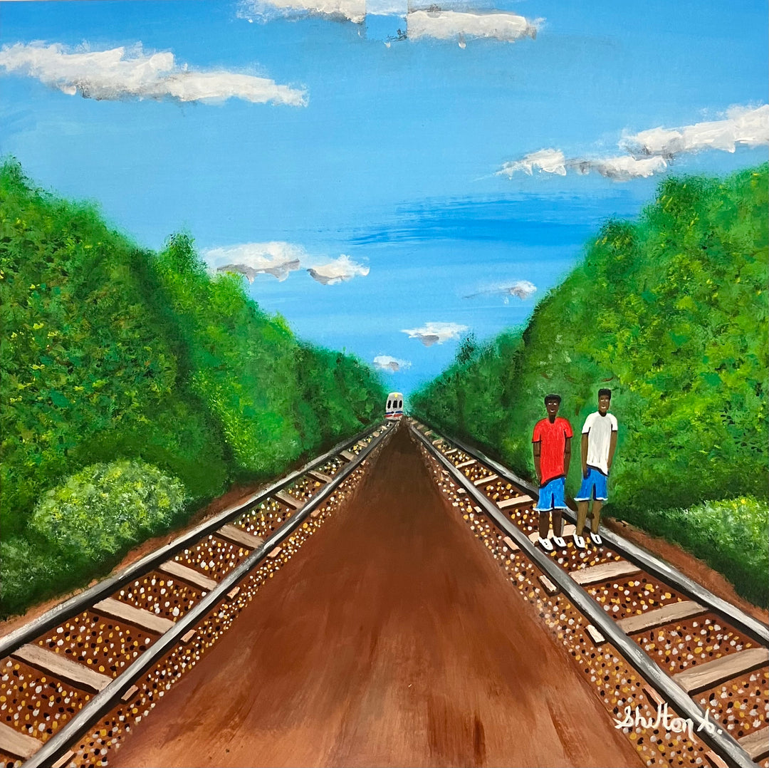 two boys walking down train tracks horizon landscape bright colors acrylic on parachute cloth