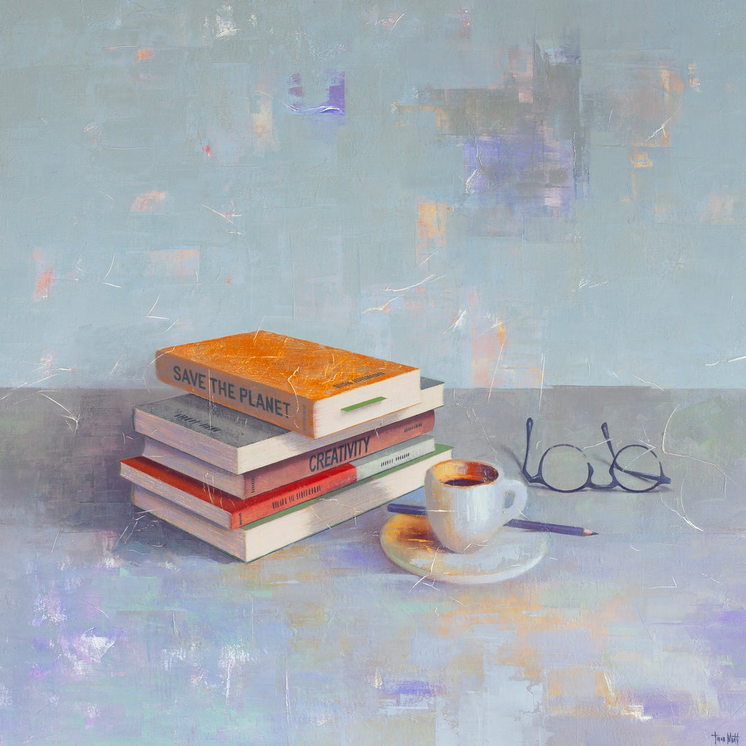 Still life observational study of books stacked with coffee mug tea and pencil and glasses realism textured layered oil painting on blue background