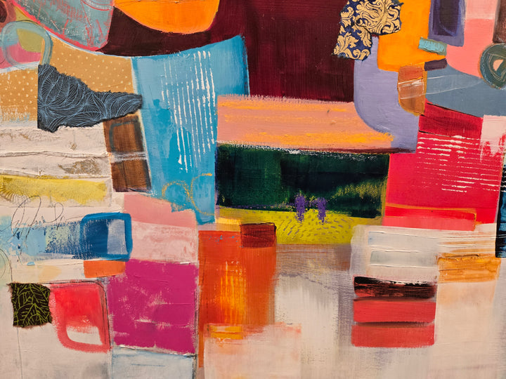 48" x 48" painting by Lau Blou, collaged pieces of torn and hand cut paper and fabrics with patterns and gold foil building up to triangular shape in middle of canvas on pink background with white on the bottom half
