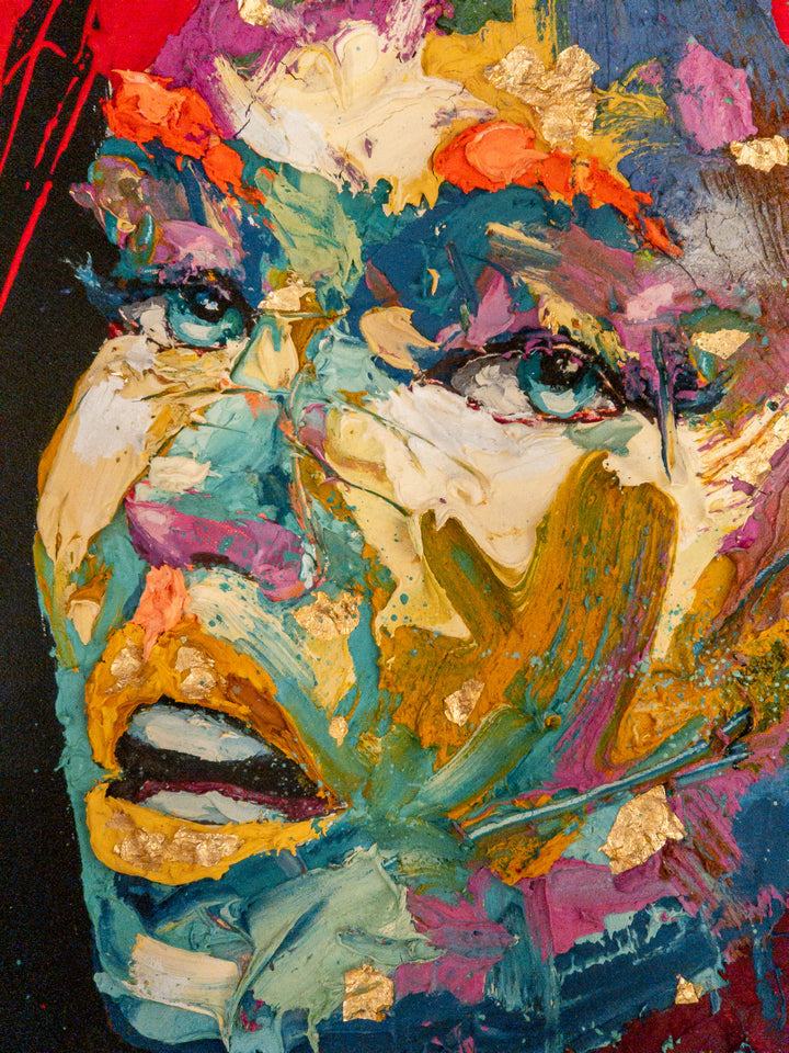 side view profile woman portrait mouth open multicolor paint splatter face with red hair on dark blue background and red splattered hair