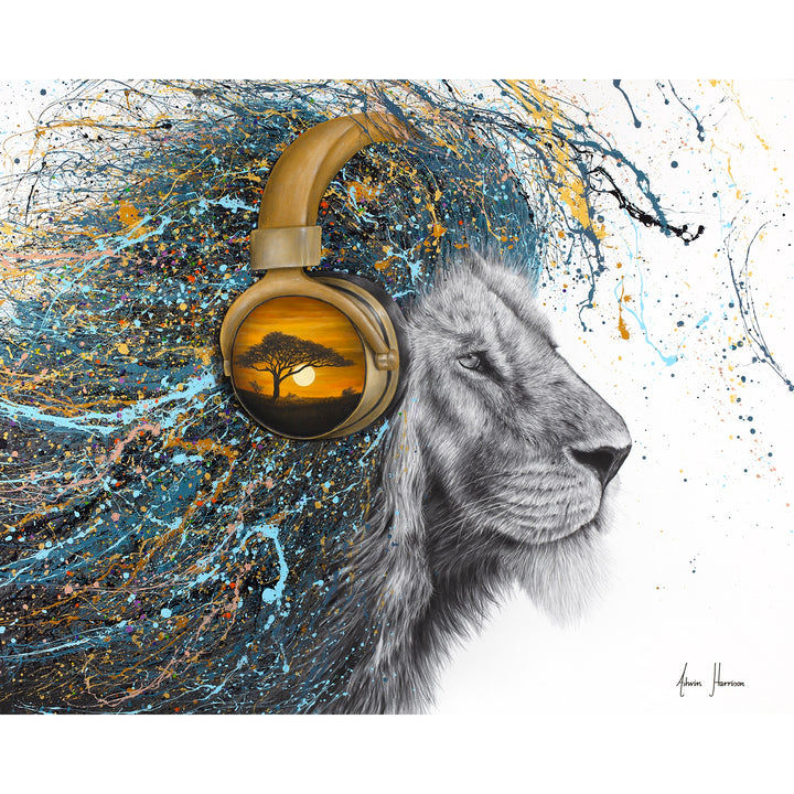 Lion profile looking right in black and white, wearing gold headphones with tree and sunset with paint splattered mane