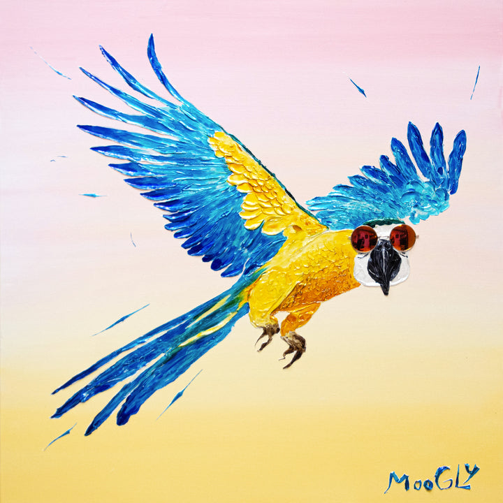 30” x 30” painting by French artist Moogly of a blue and yellow parrot in sunglasses with a pink and yellow ombre background. The parrot is depicted in mid-flight and made out of resin, giving it a textured and shiny finish. The sunglasses are real round, reflective sunglasses that the artist has adhered to the canvas.