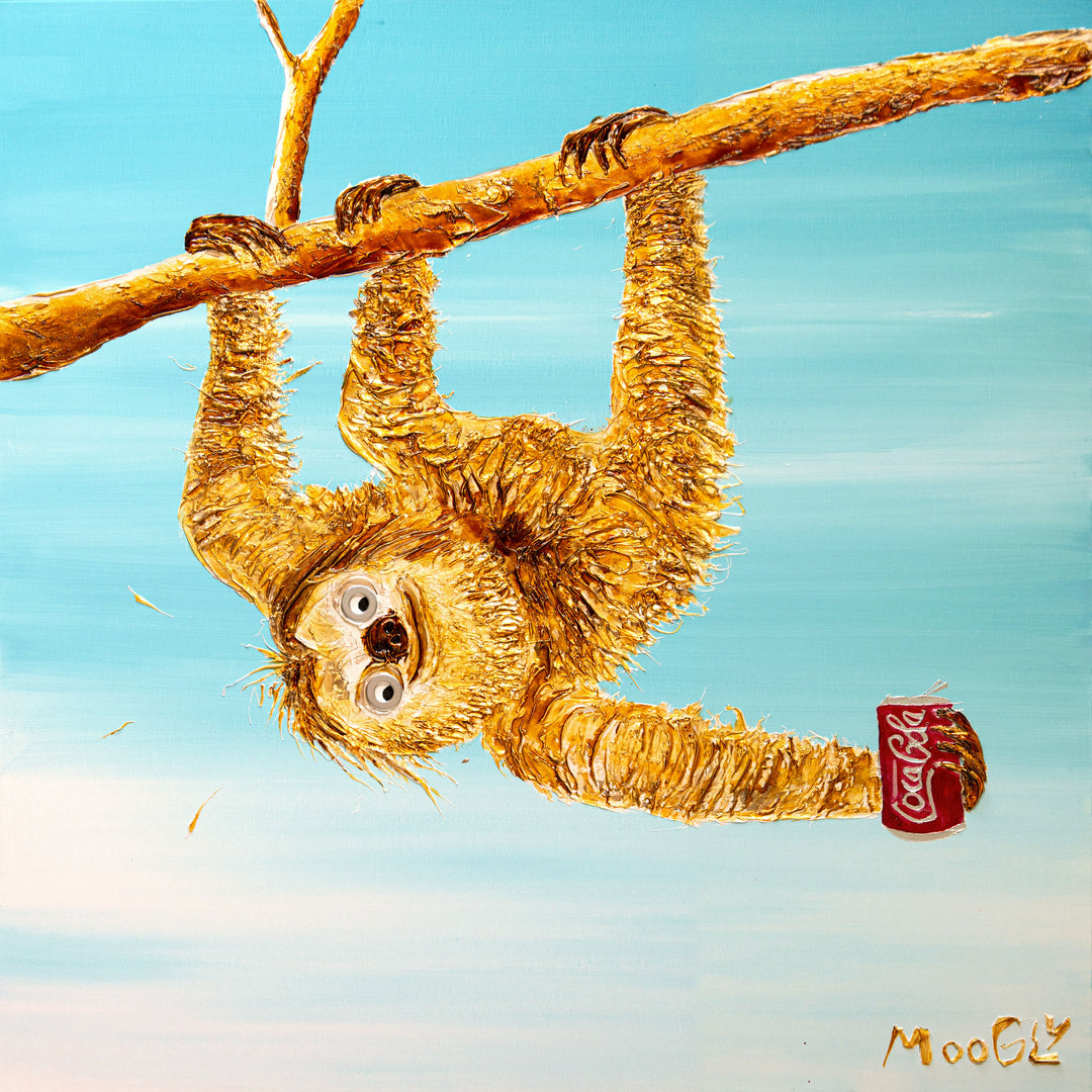 36" x 36" acrylic on canvas painting of a beige sloth hanging from a branch with a coca cola over a blue gradient background. 