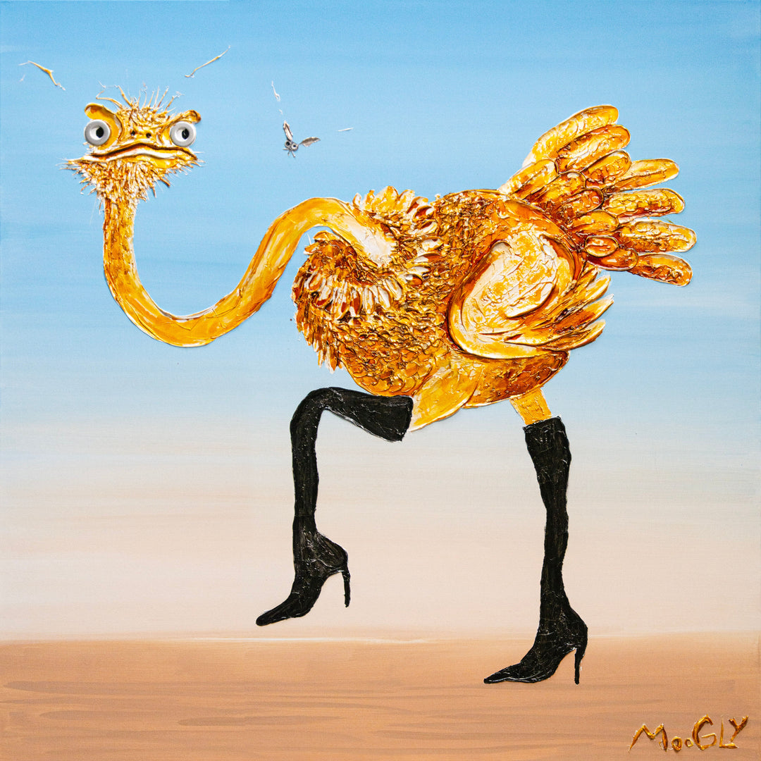 36" x 36" acrylic on canvas painting of an orange ostrich with boots and a little fly over a blue and beige background. Figures have washers for eyes. 