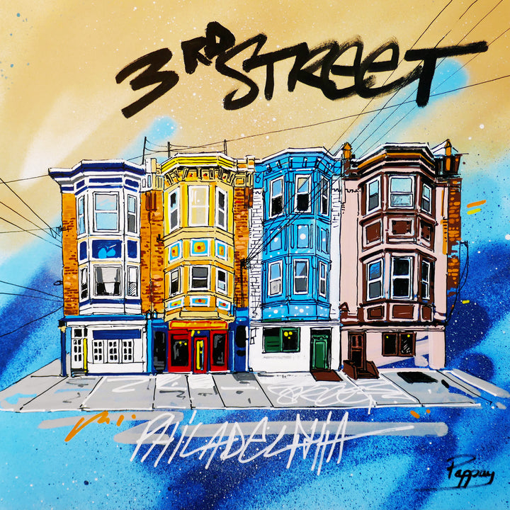 row home illustration storefronts on 3rd street graphic and colorful on blue and yellow background