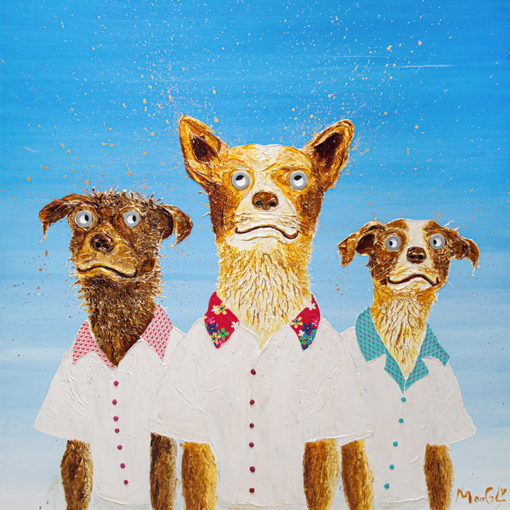 40" x 40" acrylic on canvas painting of three dogs in white shirts over a blue gradient background. 