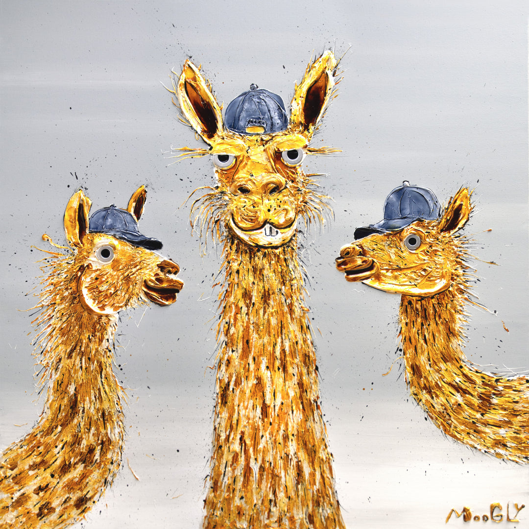 three llamas wearing blue baseball hats with golden yellow fur, expressionist faces on pale blue background