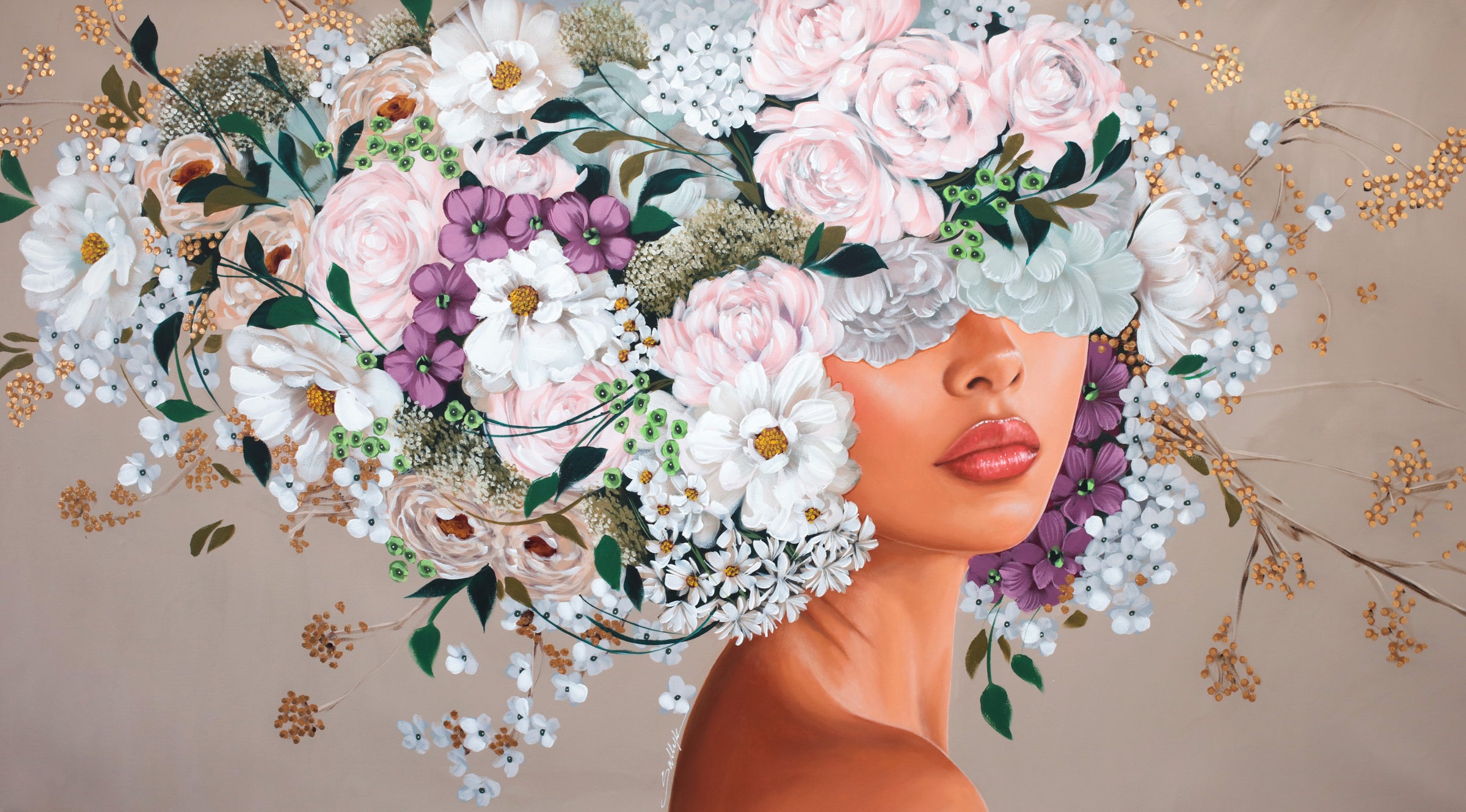 37"W x 50"H Acrylic portrait on canvas. Woman in profile with the top half of her face and hair covered by white, pink and purple flowers on a creme background. 