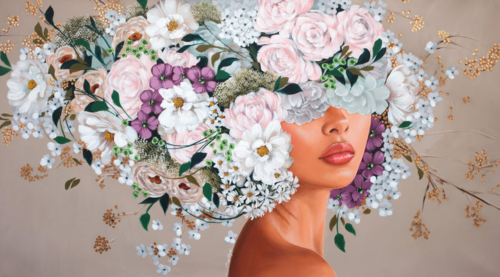 37"W x 50"H Acrylic portrait on canvas. Woman in profile with the top half of her face and hair covered by white, pink and purple flowers on a creme background. 