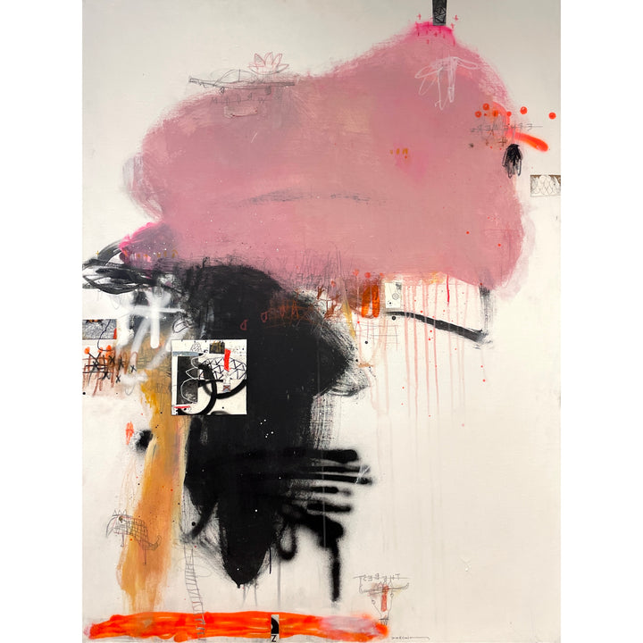 pink splotch of paint at top on canvas dripping down onto white background, back splotches of paint with collaged stamps and materials and doodles in pen and pencil