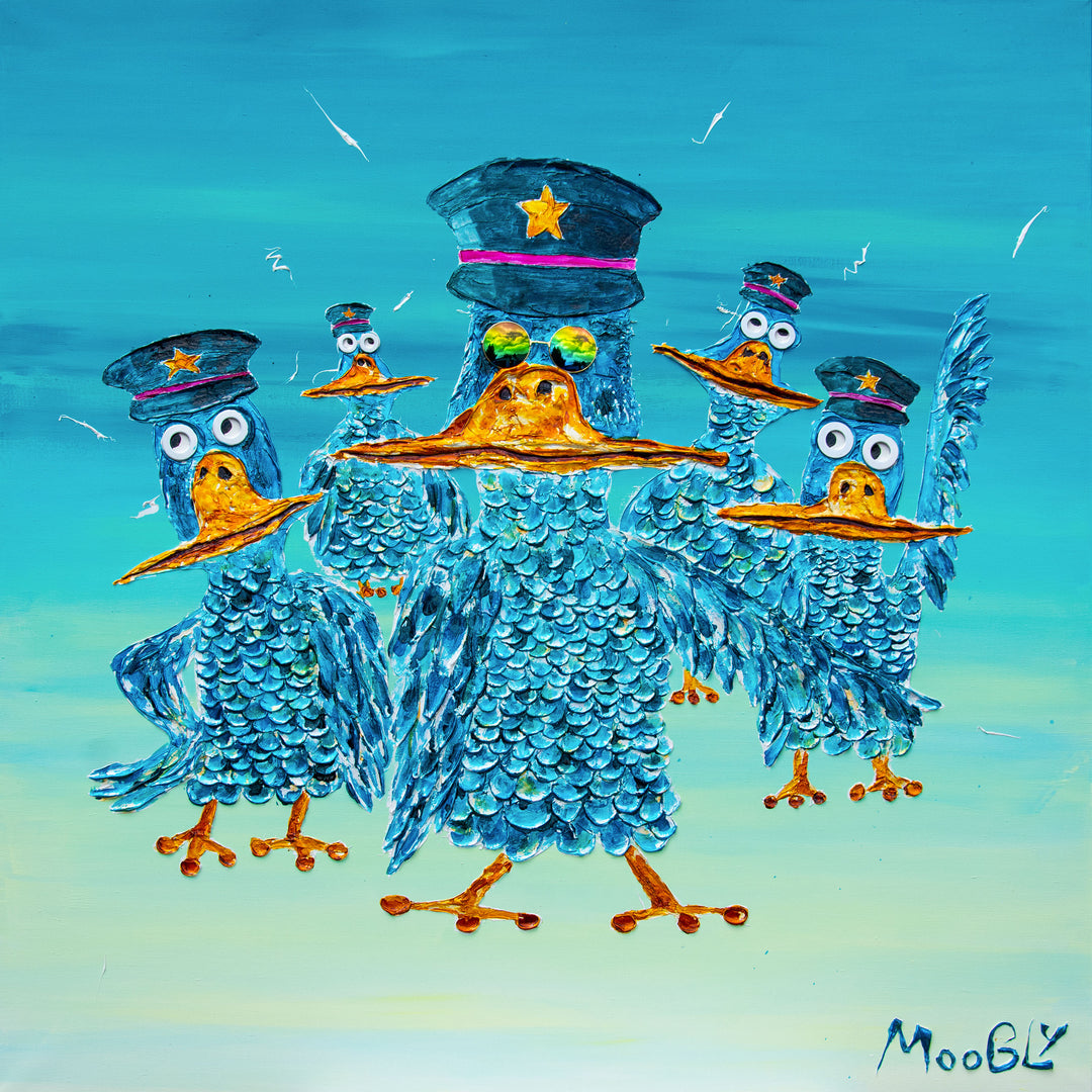48" x 48" acrylic on canvas painting of blue birds with hats and eyes made of washers over a blue and green gradient background. 