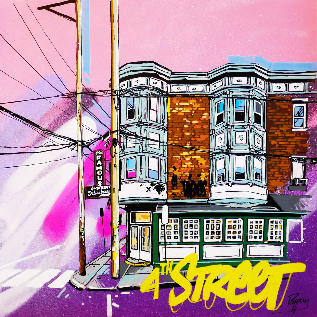 graphic colorful bright illustration corner deli 4th street with wires and telephone poles on pink purple background