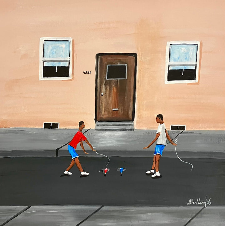 two boys playing in street with sticks and rolling tops out front house with door and windows