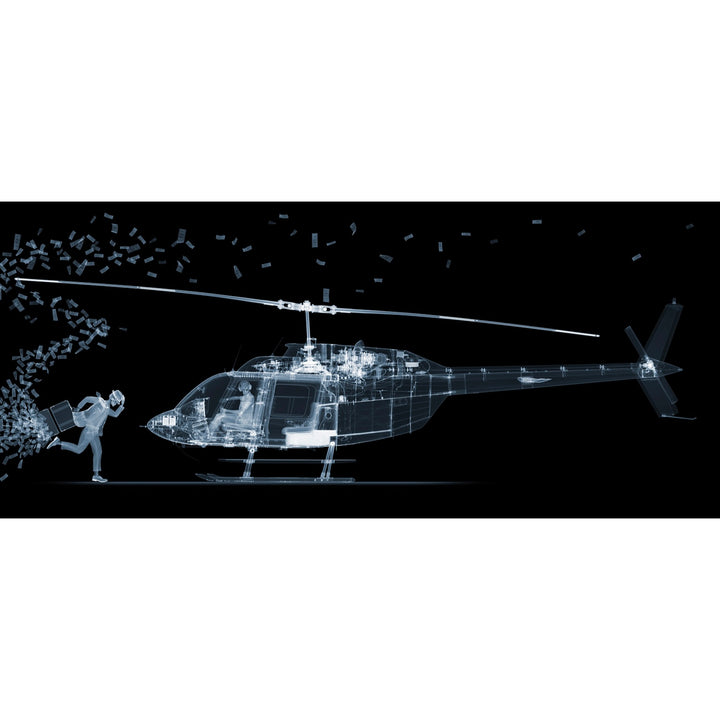 xray scan on black bckground of skeleton figures running towards helicopter with brief case and money flying out 