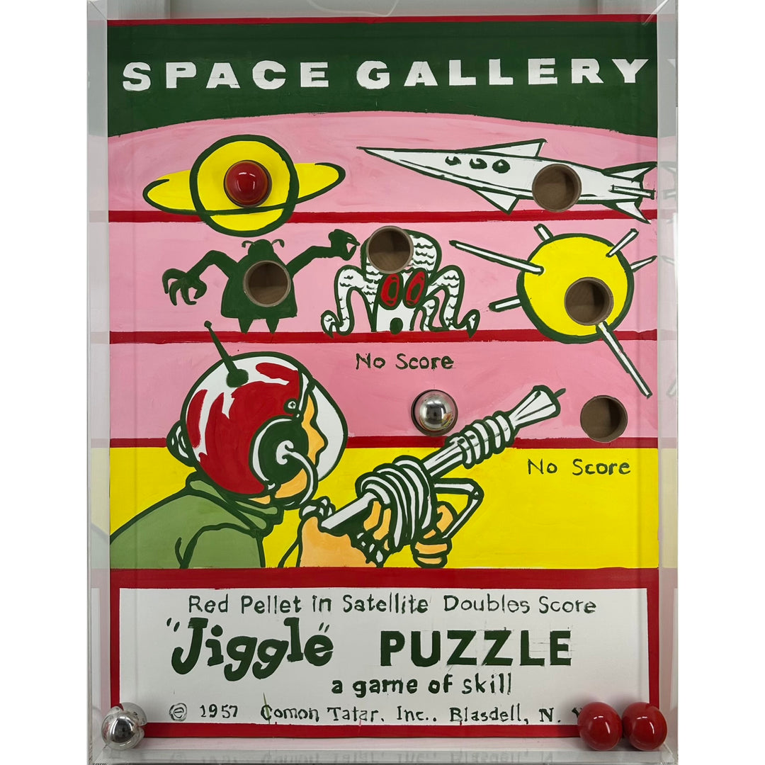 Vintage retro game child kid nostalgia graphic jiggle puzzle painting with acrylic in pink yellow and green balls inside glass box with holes 