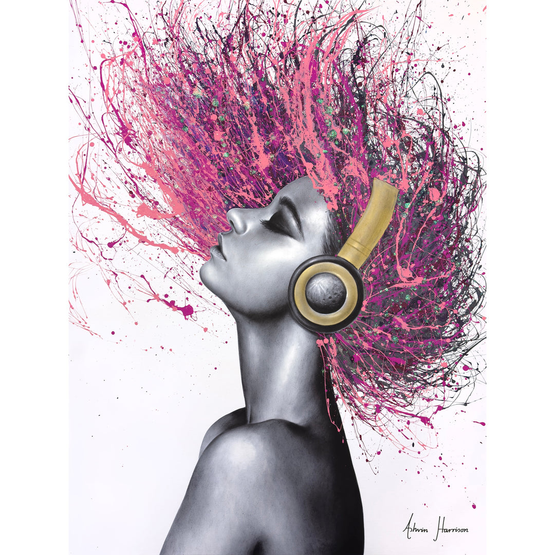 woman profile side view portrait in black and white with hair flipping back with pink acrylic splashes and glitter moon headphones acrylic paint expressionism