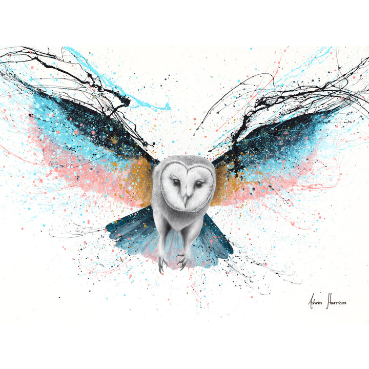 owl in black and white flying wings stretched out in blue pink and orange pastel color splatter paint on white background