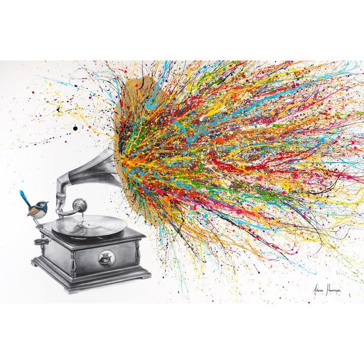 large gramophone music player with record vinyl and wren blue bird sitting on it with big gold speaker and rainbow paint splatters coimng out on white background