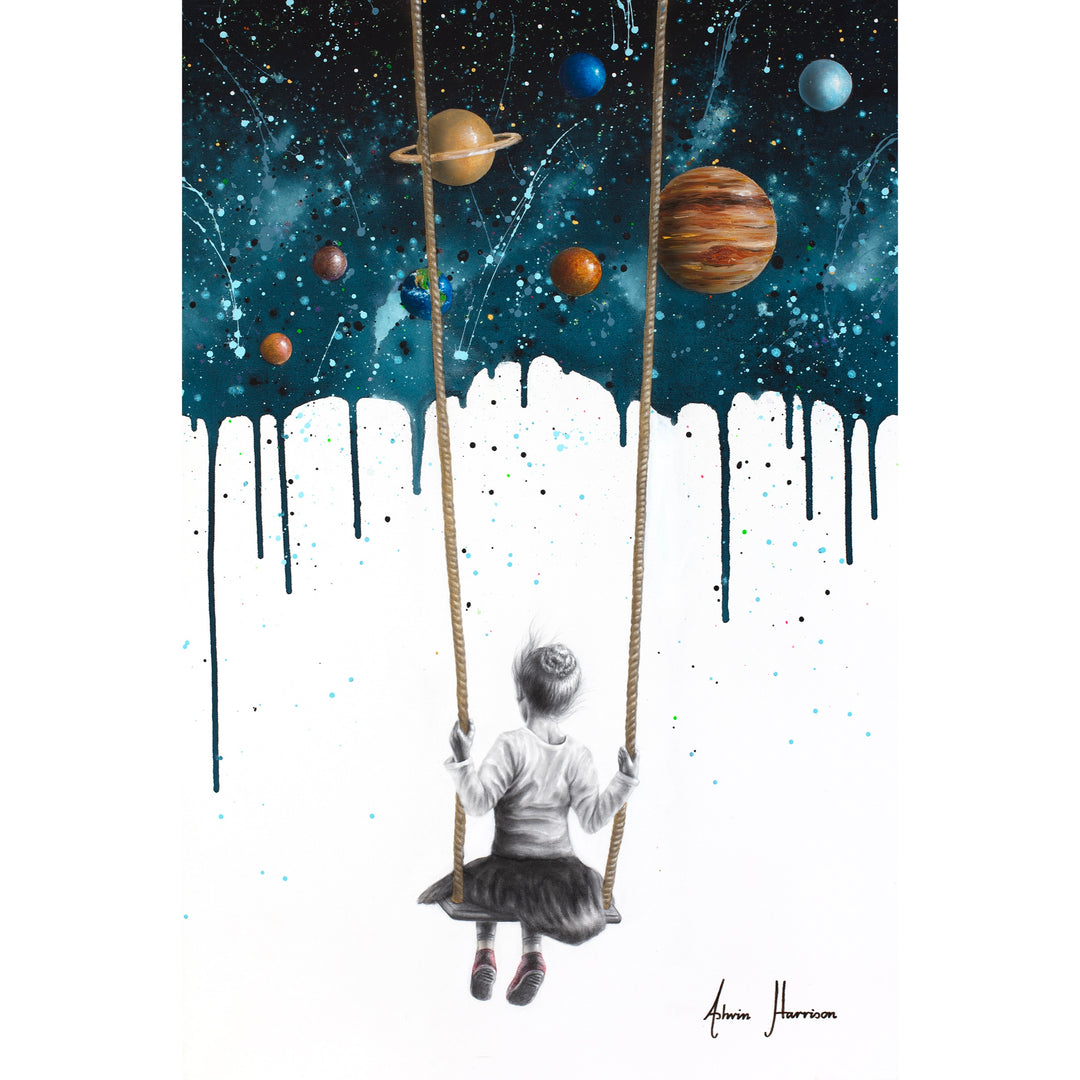 small child irl figure on rope swing top half of composition dripping galaxy print paint with planets dripped down onto white background