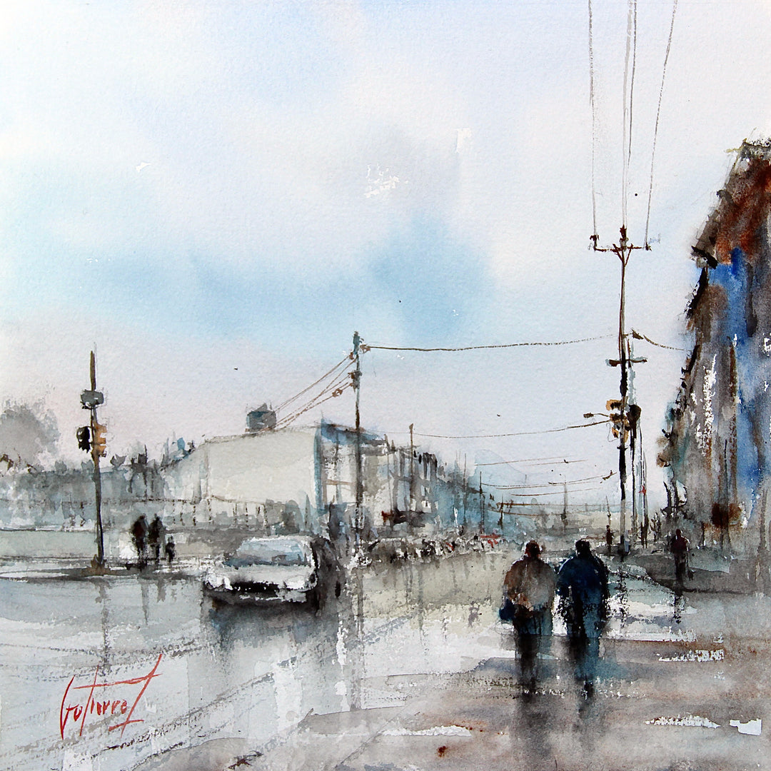 people walking on sidewalk, cars in street and telephone wires in washy watercolor with blues and browns