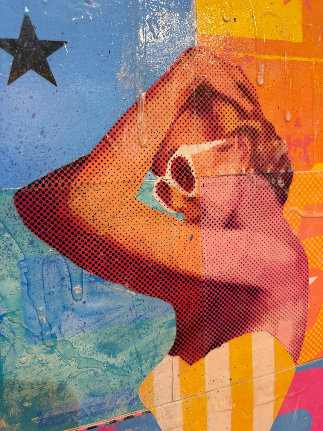 A Certain Standard by Jon Davenport — angled detail of Neo-Pop mixed media painting showing a close-up of a pin-up figure&