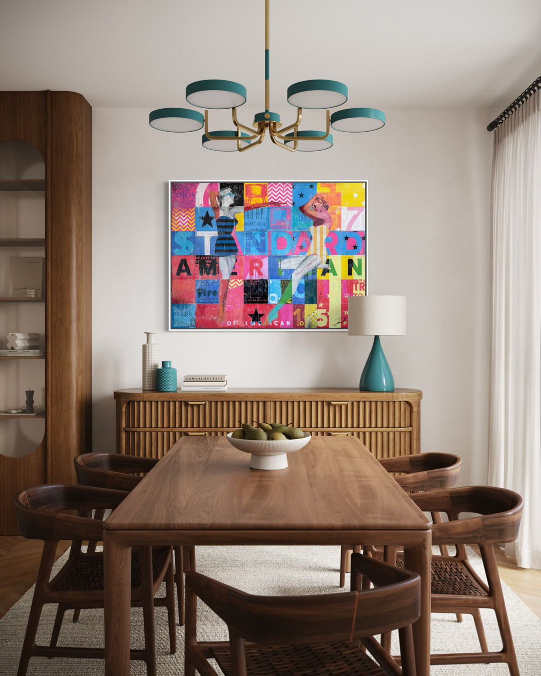 A Certain Standard by Jon Davenport — in-situ installation view of Neo-Pop mixed media painting displayed above a wooden sideboard in a dining room