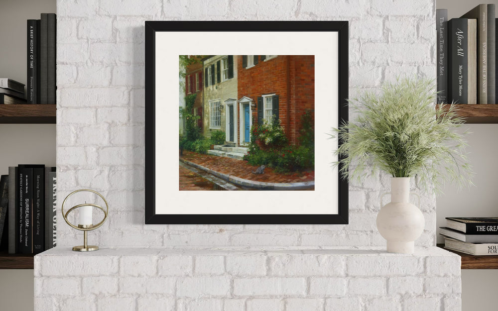 brick row homes with greenery on front lawn and windows cat on corner outdoor building landscape realism oil painting