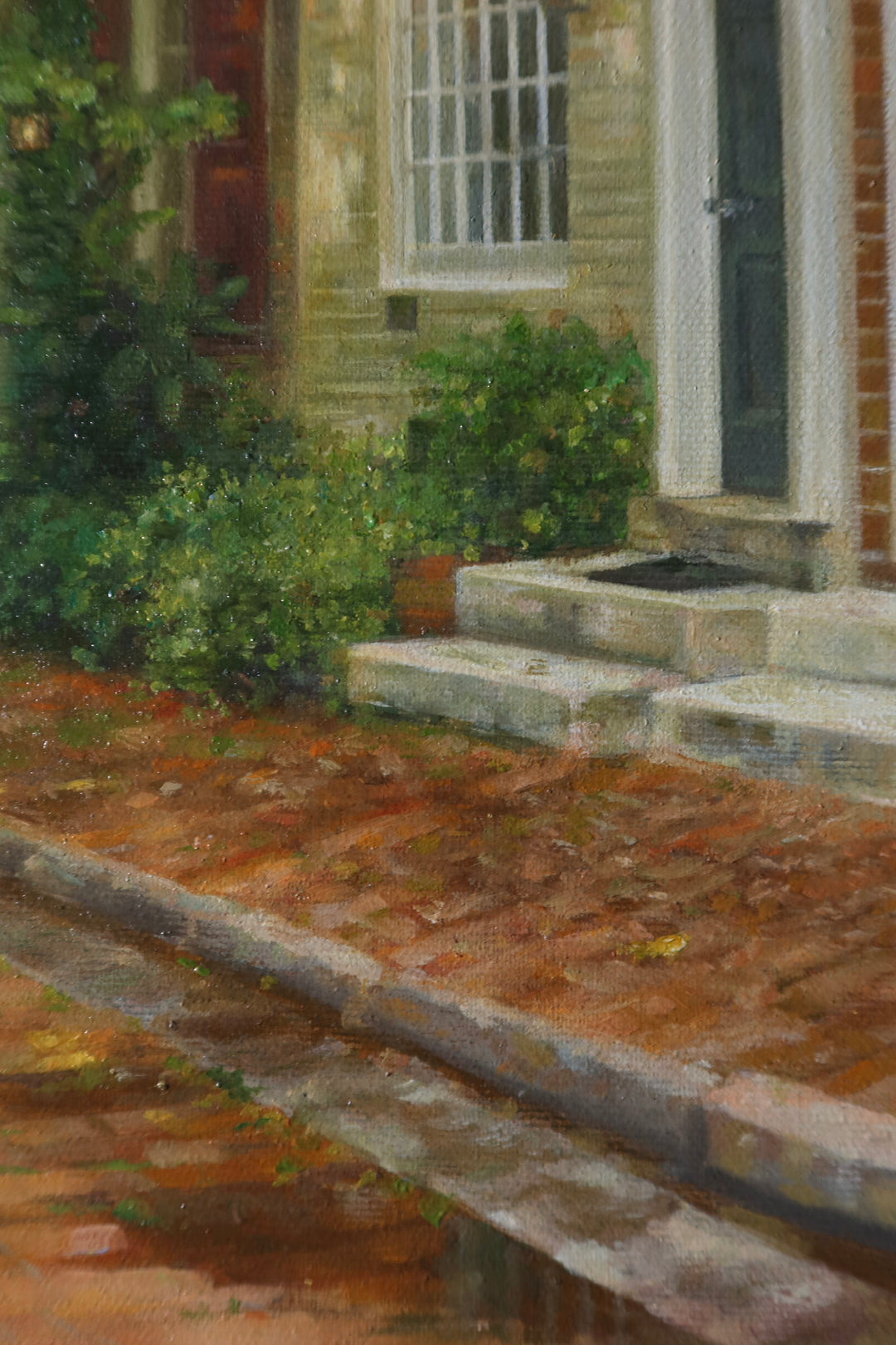brick row homes with greenery on front lawn and windows cat on corner outdoor building landscape realism oil painting