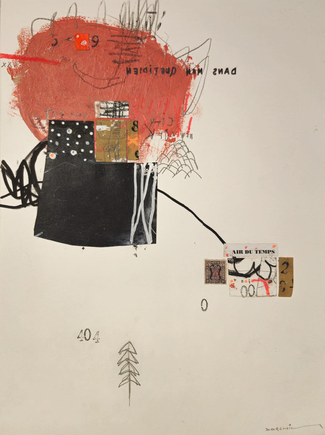 Abstract mixed media artwork on paper by Laurent Dorchin in black, terracotta and white. Organic linework and minimal illustrations with collage and text elements.