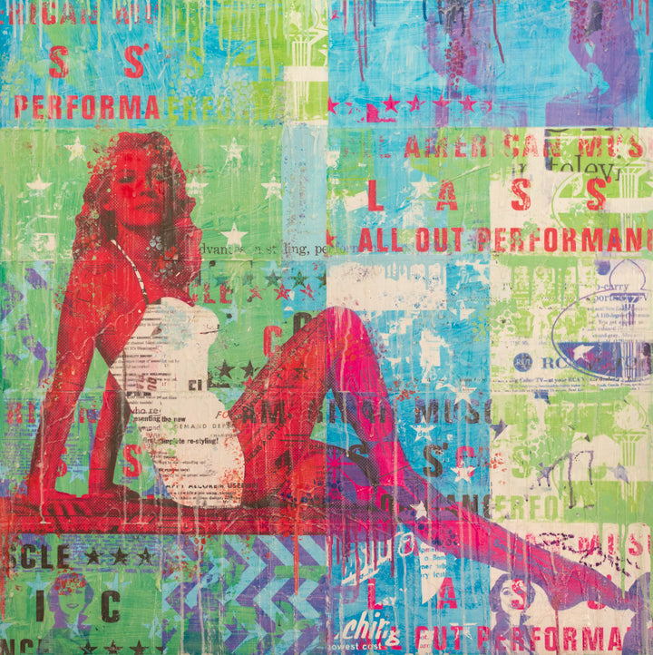 All Out Performance by Jon Davenport — full view of Neo-Pop mixed media painting on canvas, 36"x36", featuring a red-toned reclining figure over a green and blue collage with "All Out Performance" typography and stars