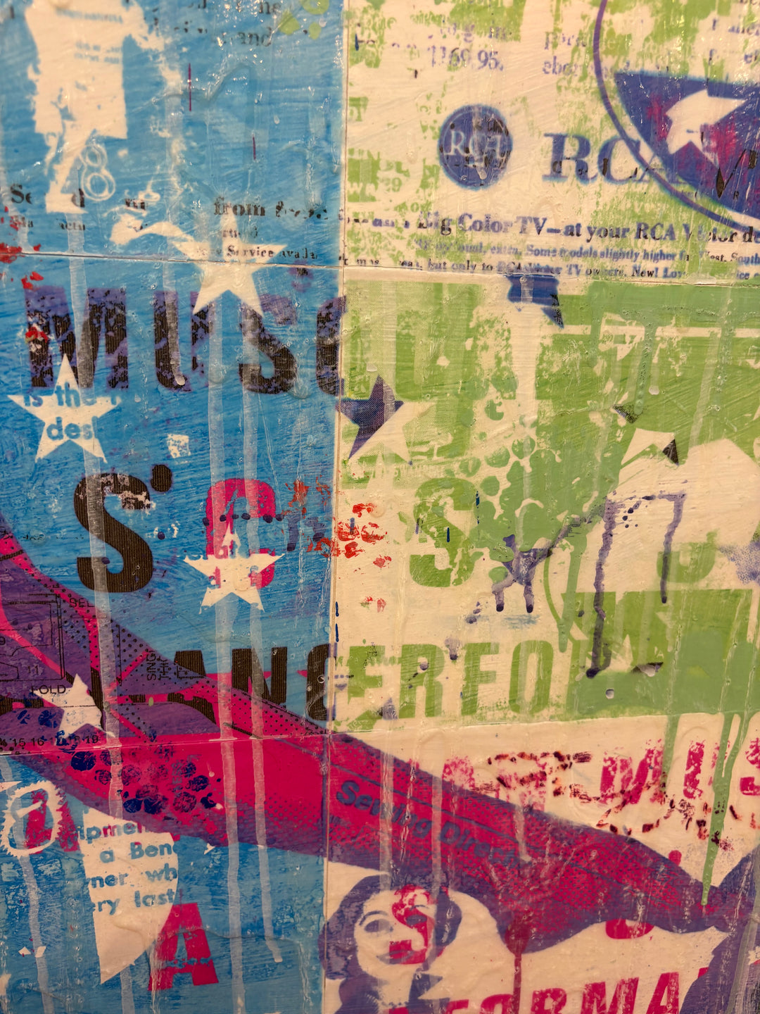 All Out Performance by Jon Davenport — angled detail of Neo-Pop mixed media painting showing vintage advertising text, stars and paint drips in blue, green and red