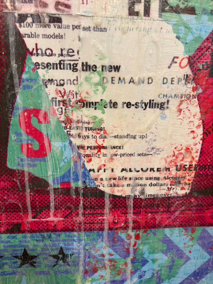All Out Performance by Jon Davenport — angled detail of Neo-Pop mixed media painting showing vintage newspaper clipping collage with paint drips over red and green tones