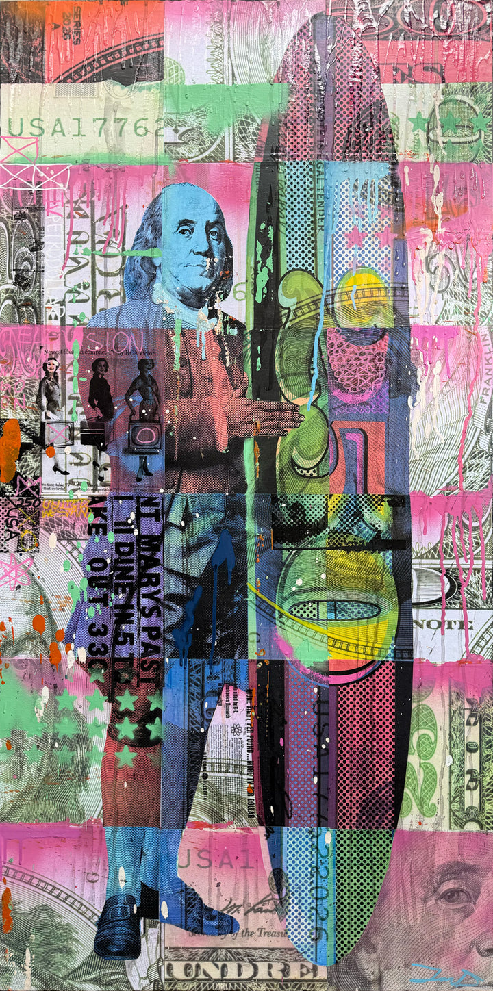 All About the Benjiamins (Triptych) by Jon Davenport — close-up of third panel, Neo-Pop mixed media collage with Benjamin Franklin silhouette, currency textures and graphic color fields