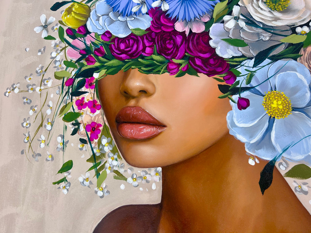 48"W x 36"H Acrylic portrait on canvas. Woman with her face and hair covered by blue, white and pink flowers on a cream background.