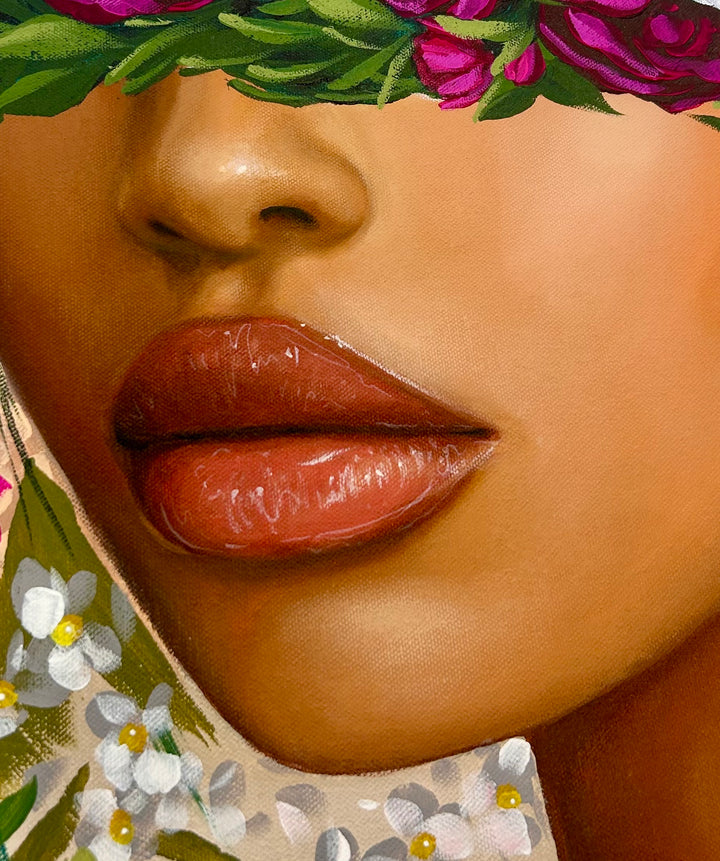 48"W x 36"H Acrylic portrait on canvas. Woman with her face and hair covered by blue, white and pink flowers on a cream background.