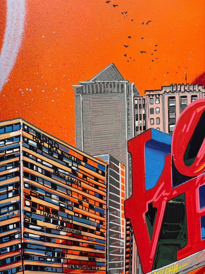 "Another Love" by Pappay — a vibrant street art-inspired painting on canvas depicting Philadelphia&