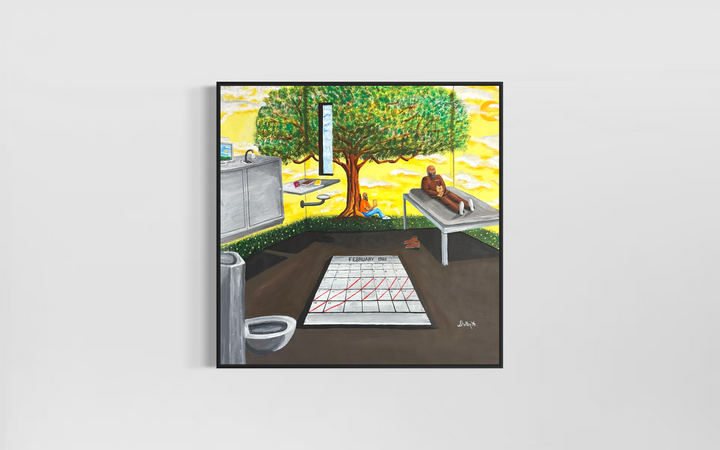 prisoner figure sitting on bed in cell with large calendar and tree growing on the outside in bright yellow and green acrylic
