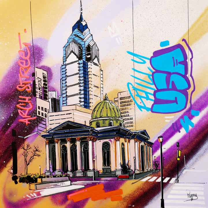 arch street philadelphia corner buildings skyscrapers graffiti spray paint in purple and orange usa text