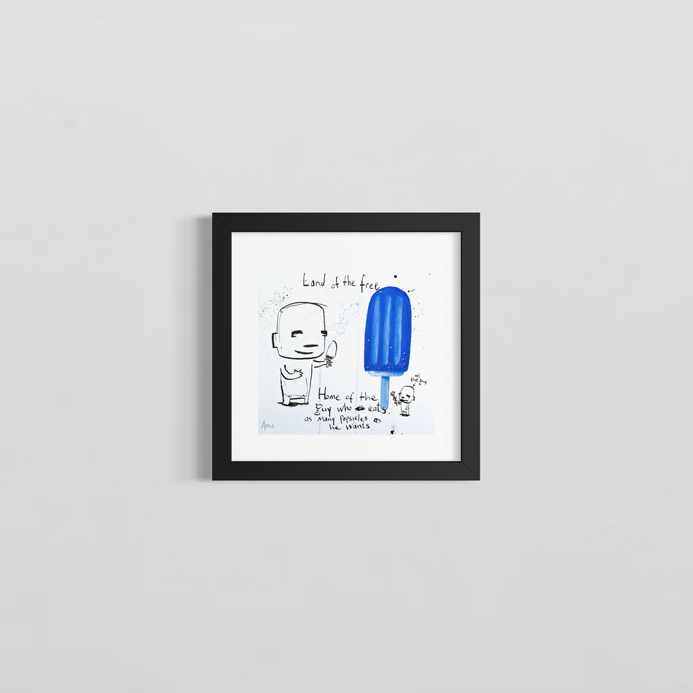 "As Many Popsicles" as He Wants by Netherlands-based artist Jan-Hein Arens, an acrylic and ink on paper work featuring whimsical cartoon-like figures alongside an oversized vibrant blue popsicle, with handwritten text reading 'Land of the free, home of the guy who eats as many popsicles as he wants,' with a small figure labeled 'not that guy' nearby. A witty commentary on freedom and consumerism presented by Morton Contemporary Gallery.