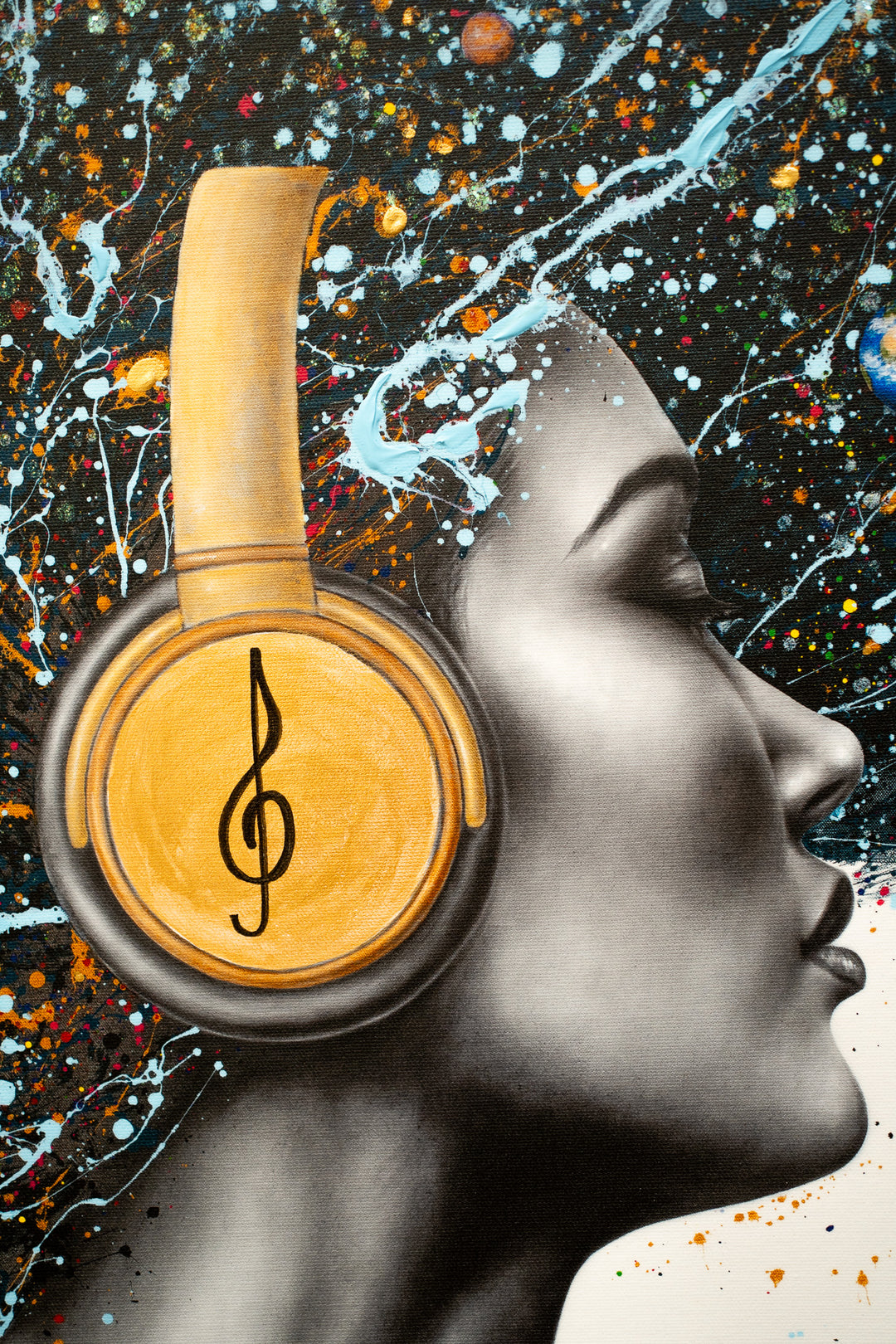 realistic woman flipping hair with headphones musical splatter expressionist painting portrait black and white planets blue on white background