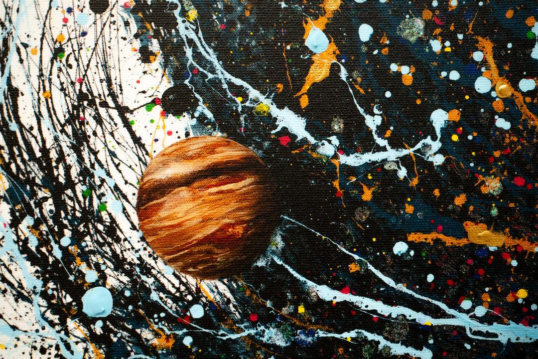 realistic woman flipping hair with headphones musical splatter expressionist painting portrait black and white planets blue on white background