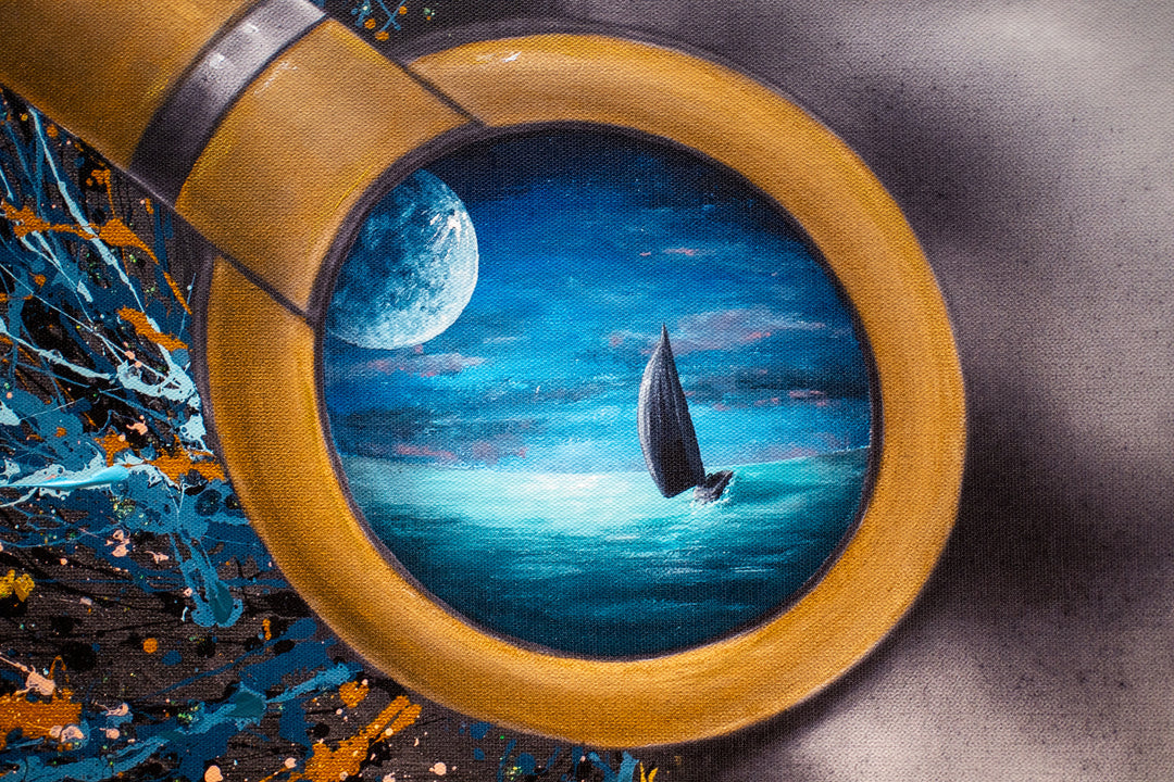 woman side profile face in black and white wearing gold headphones with sea scene flipping hair back in blue black and gold splatter paint on white background
