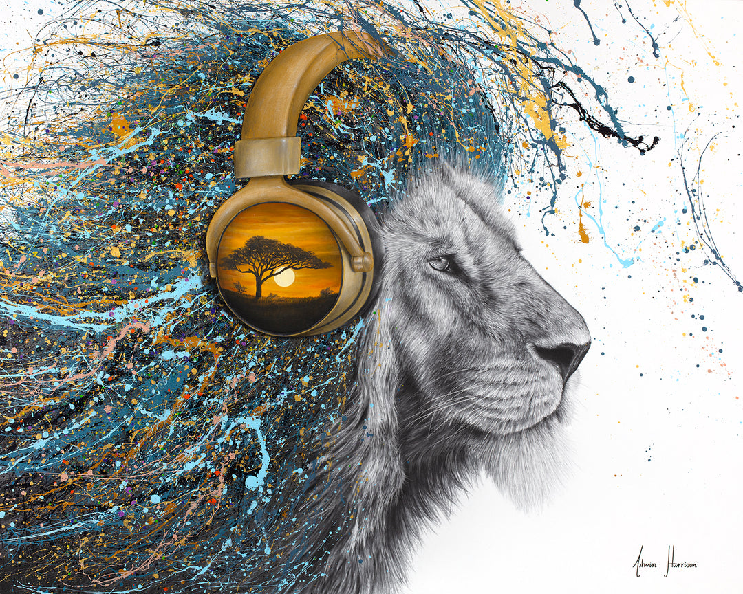lion looking to the right in black and white face with splatter paint fur mane in blue gold and black wearing gold headphones with african desert sunset landscape on white background