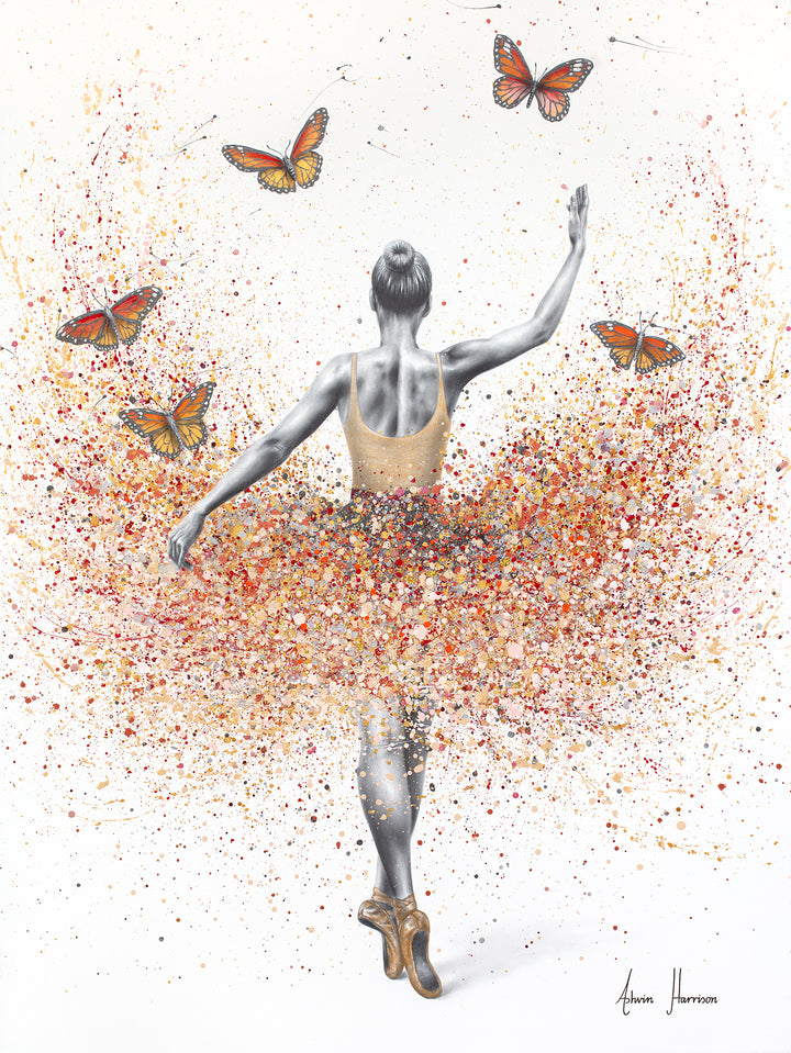ballerina figure woman in black and white wearing orange dress with orange splatter paint tutu and orange monarch butterflies on white background