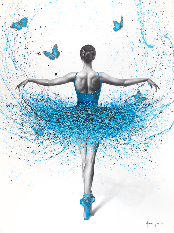 ballerina woman posing from back on tip toes and arms spread, black and white figure with blue splatter paint tutu dress and blue butterflies on white background