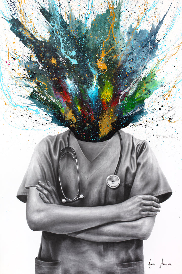 medical staff in scrub uniform with stethoscope in black and white, of of the figures head exploded a galaxy of colors and splatter paint
